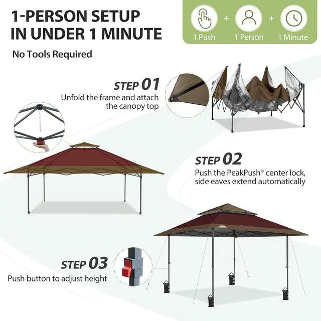 Alt view image 7 of 7 - 13x13 Straight Leg Pop Up Canopy Tent Instant Outdoor Canopy Easy Single Person Set up Folding Shelter w/Auto Extending Eaves 169 Square Feet of Shade (Burgundy/Brown)