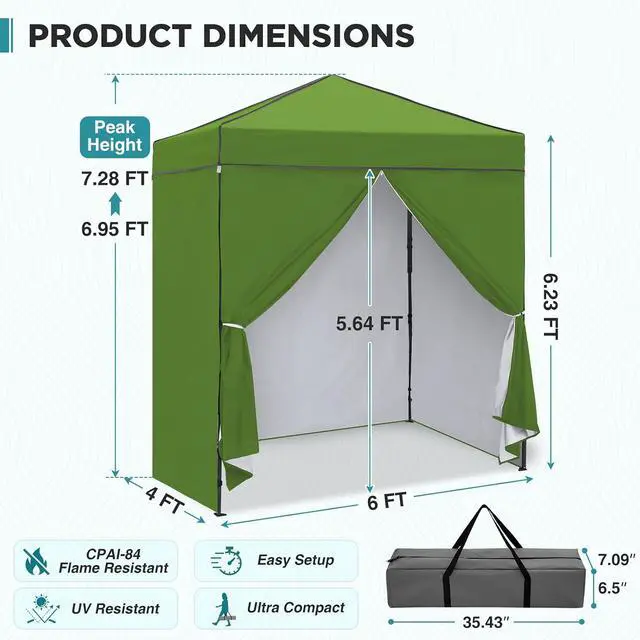 Alt view image 3 of 7 - 6x4 Instant Pop Up Canopy Tent with 4 Side Wall Panels, Straight Leg Sun Shelter, Portable Canopy with Carry Bag for Camping, Beach & Sports, Grass Green