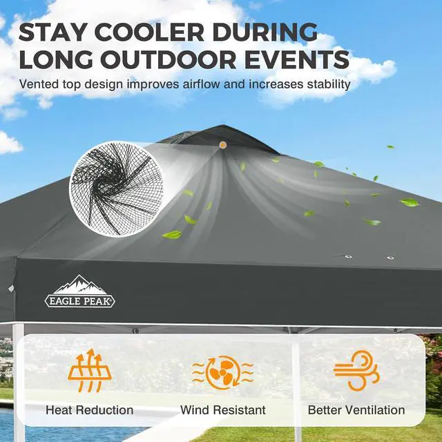 Alt view image 2 of 7 - Pop Up Canopy Tent with Wheeled Carry Bag, 8 Stakes, 4 Ropes, 4 Weight Bags, Easy Set Up Tent Canopy, 10x10 ft, 100sqft of Shade, Gray