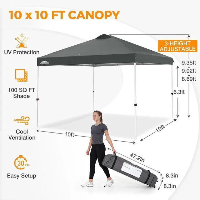 Alt view image 3 of 7 - Pop Up Canopy Tent with Wheeled Carry Bag, 8 Stakes, 4 Ropes, 4 Weight Bags, Easy Set Up Tent Canopy, 10x10 ft, 100sqft of Shade, Gray