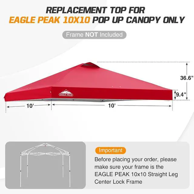 Alt view image 2 of 7 - Replacement Canopy Top for Eagle Peak 10x10 Straight Leg Pop Up Canopy Frame Only, Canopy Cover with Air Vent, UPF 50+, Frame NOT Included, Red