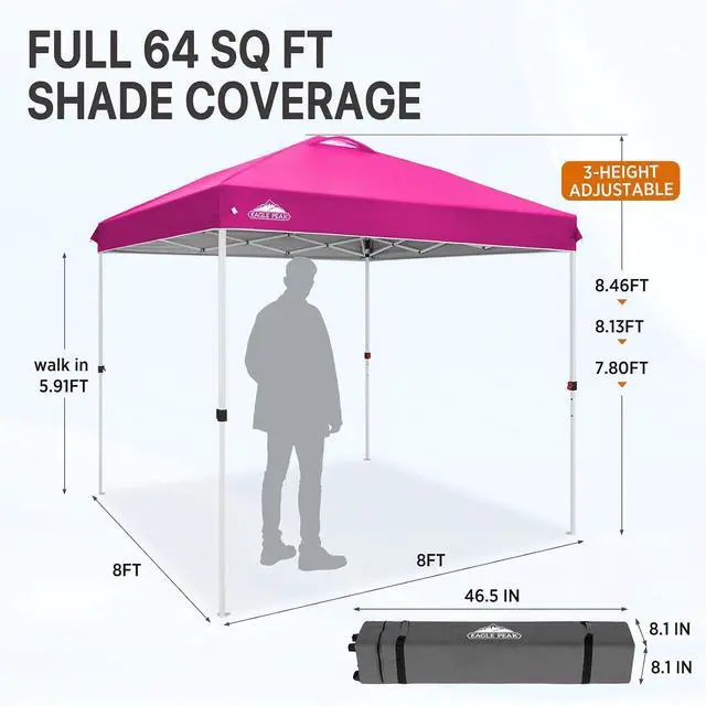 Alt view image 3 of 7 - Pop Up Canopy Tent with Wheeled Carry Bag, 8 Stakes, 4 Ropes, Easy Set Up Tent Canopy, 8x8 ft, Pink