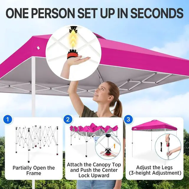 Alt view image 4 of 7 - Pop Up Canopy Tent with Wheeled Carry Bag, 8 Stakes, 4 Ropes, Easy Set Up Tent Canopy, 8x8 ft, Pink