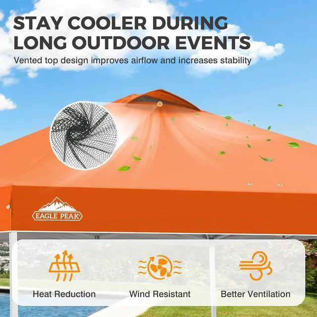 Alt view image 2 of 7 - Pop Up Canopy Tent with Wheeled Carry Bag, 8 Stakes, 4 Ropes, 4 Weight Bags, Easy Set Up Tent Canopy, 10x10 ft, 100sqft of Shade, Orange