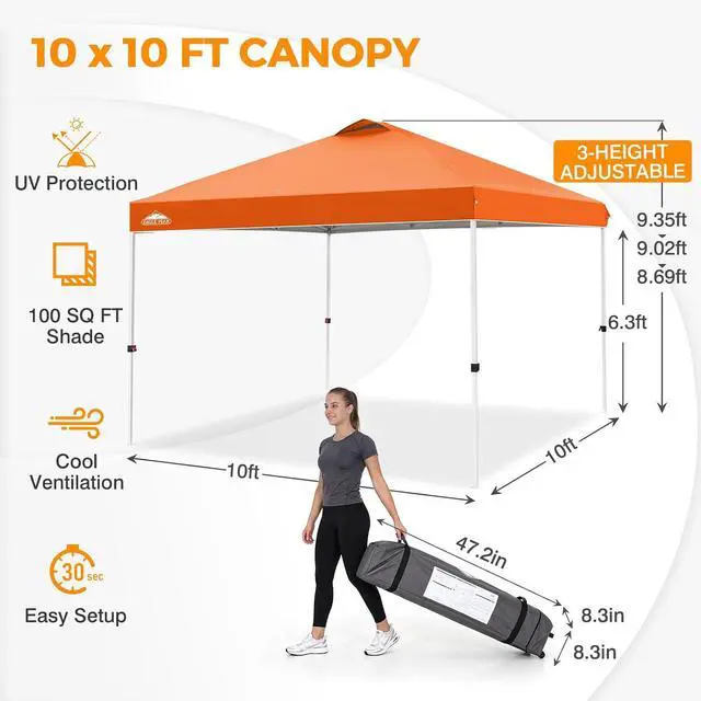 Alt view image 3 of 7 - Pop Up Canopy Tent with Wheeled Carry Bag, 8 Stakes, 4 Ropes, 4 Weight Bags, Easy Set Up Tent Canopy, 10x10 ft, 100sqft of Shade, Orange