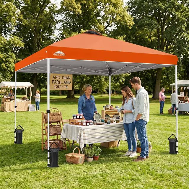Alt view image 5 of 7 - Pop Up Canopy Tent with Wheeled Carry Bag, 8 Stakes, 4 Ropes, 4 Weight Bags, Easy Set Up Tent Canopy, 10x10 ft, 100sqft of Shade, Orange
