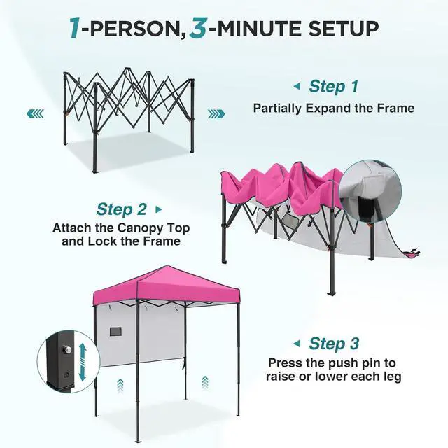 Alt view image 2 of 7 - 6x4 Instant Pop Up Canopy Tent with 1 Half Wall Panel, Straight Leg Sun Shelter, Portable Canopy with Carry Bag for Camping, Beach & Sports, Pink