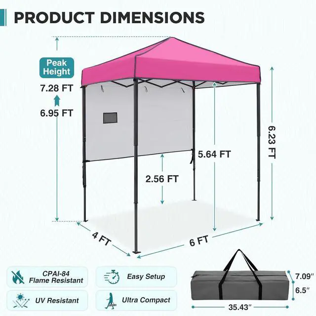 Alt view image 3 of 7 - 6x4 Instant Pop Up Canopy Tent with 1 Half Wall Panel, Straight Leg Sun Shelter, Portable Canopy with Carry Bag for Camping, Beach & Sports, Pink