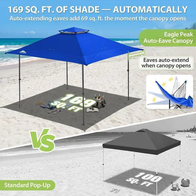 Alt view image 4 of 7 - 13x13 Straight Leg Pop Up Canopy Tent Instant Outdoor Canopy Easy Single Person Set up Folding Shelter w/Auto Extending Eaves 169 Square Feet of Shade (Blue)