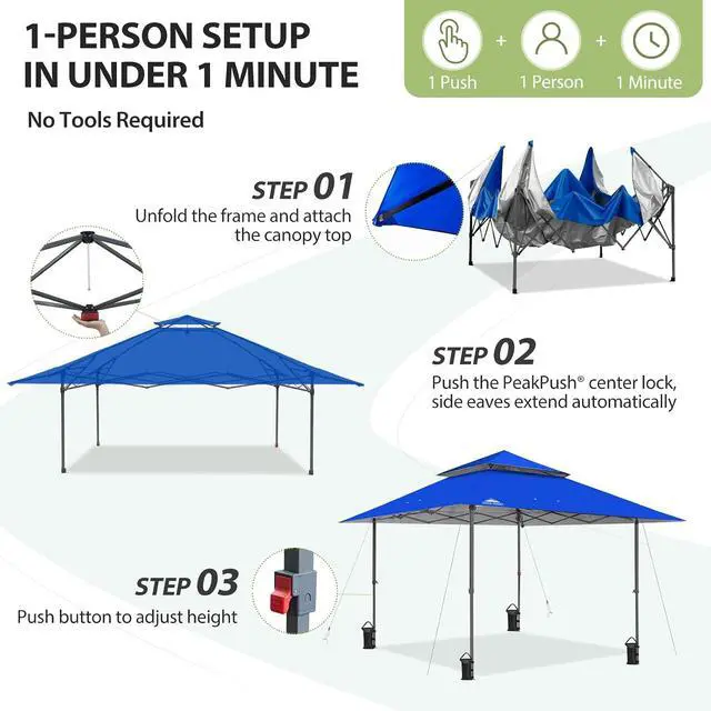 Alt view image 7 of 7 - 13x13 Straight Leg Pop Up Canopy Tent Instant Outdoor Canopy Easy Single Person Set up Folding Shelter w/Auto Extending Eaves 169 Square Feet of Shade (Blue)