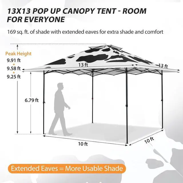 Alt view image 3 of 7 - 13x13 Straight Leg Pop Up Canopy Tent Instant Outdoor Canopy Easy Single Person Set up Folding Shelter w/Auto Extending Eaves 169 Square Feet of Shade (Cow Print)