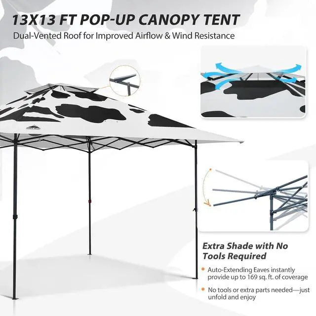 Alt view image 4 of 7 - 13x13 Straight Leg Pop Up Canopy Tent Instant Outdoor Canopy Easy Single Person Set up Folding Shelter w/Auto Extending Eaves 169 Square Feet of Shade (Cow Print)