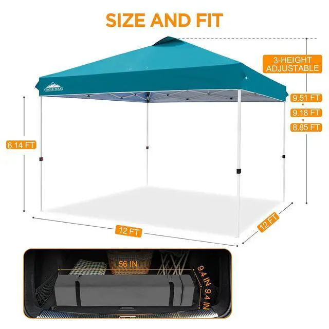 Alt view image 3 of 7 - Pop Up Canopy Tent with Wheeled Carry Bag, 8 Stakes, 4 Ropes, 4 Weight Bags, Easy Set Up Tent Canopy, 12x12 ft, 144sqft of Shade, Turquoise
