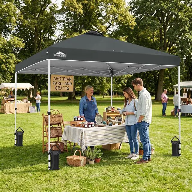Alt view image 6 of 7 - Pop Up Canopy Tent with Wheeled Carry Bag, 8 Stakes, 4 Ropes, 4 Weight Bags, Easy Set Up Tent Canopy, 10x10 ft, 100sqft of Shade, Gray