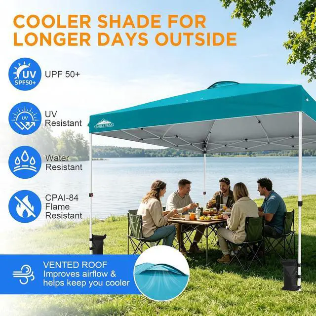 Alt view image 6 of 7 - Pop Up Canopy Tent with Wheeled Carry Bag, 8 Stakes, 4 Ropes, 4 Weight Bags, Easy Set Up Tent Canopy, 12x12 ft, 144sqft of Shade, Turquoise