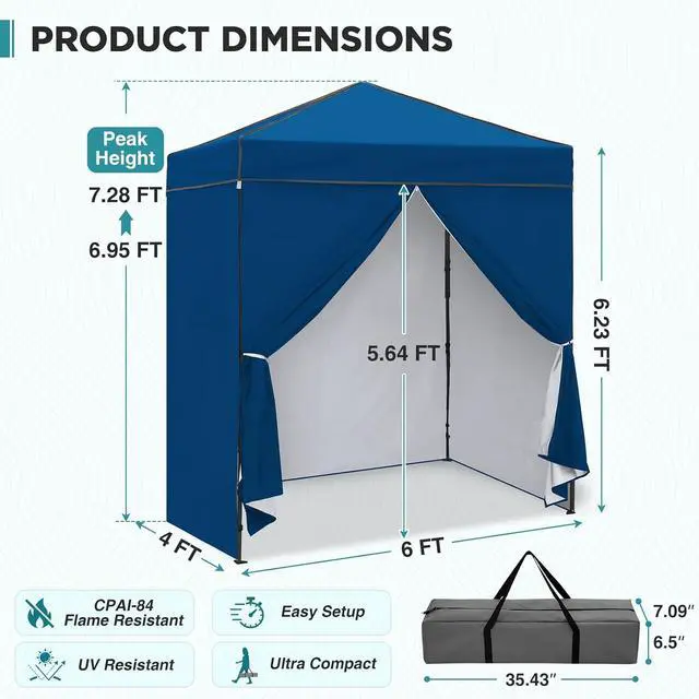Alt view image 3 of 7 - 6x4 Instant Pop Up Canopy Tent with 4 Side Wall Panels, Straight Leg Sun Shelter, Portable Canopy with Carry Bag for Camping, Beach & Sports, Dark Blue