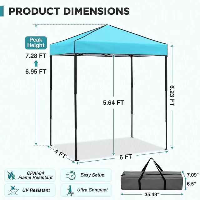 Alt view image 3 of 7 - 6x4 Instant Pop Up Canopy Tent, Straight Leg Sun Shelter, Portable Canopy with Carry Bag for Camping, Beach & Sports, Light Blue