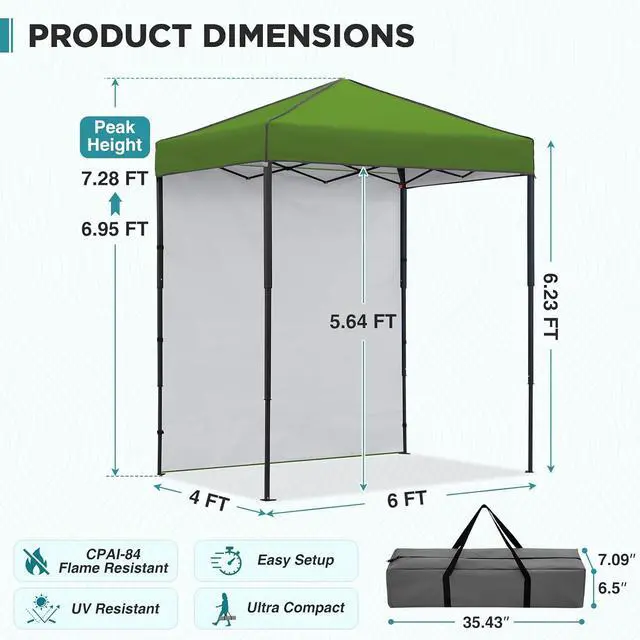 Alt view image 3 of 7 - 6x4 Instant Pop Up Canopy Tent with 1 Side Wall Panel, Straight Leg Sun Shelter, Portable Canopy with Carry Bag for Camping, Beach & Sports, Grass Green