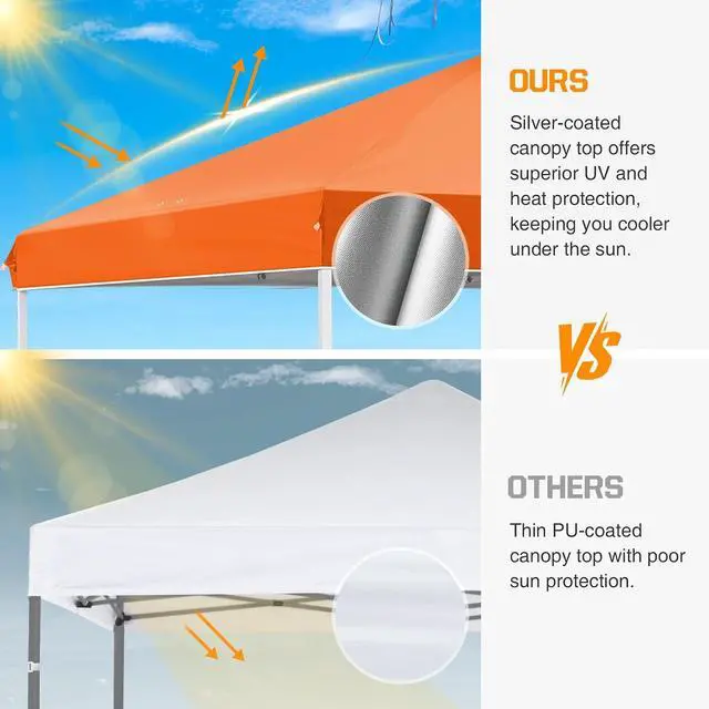 Alt view image 7 of 7 - Pop Up Canopy Tent with Wheeled Carry Bag, 8 Stakes, 4 Ropes, 4 Weight Bags, Easy Set Up Tent Canopy, 10x10 ft, 100sqft of Shade, Orange