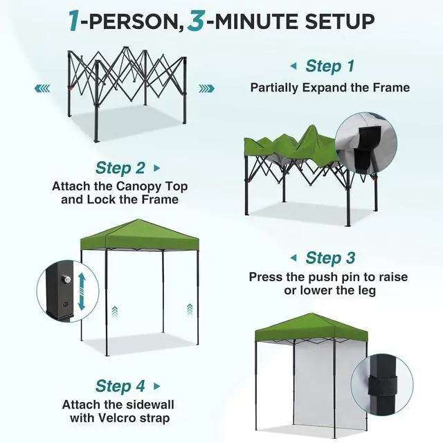 Alt view image 2 of 7 - 6x4 Instant Pop Up Canopy Tent with 1 Side Wall Panel, Straight Leg Sun Shelter, Portable Canopy with Carry Bag for Camping, Beach & Sports, Grass Green