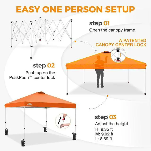 Alt view image 6 of 7 - Pop Up Canopy Tent with Wheeled Carry Bag, 8 Stakes, 4 Ropes, 4 Weight Bags, Easy Set Up Tent Canopy, 10x10 ft, 100sqft of Shade, Orange