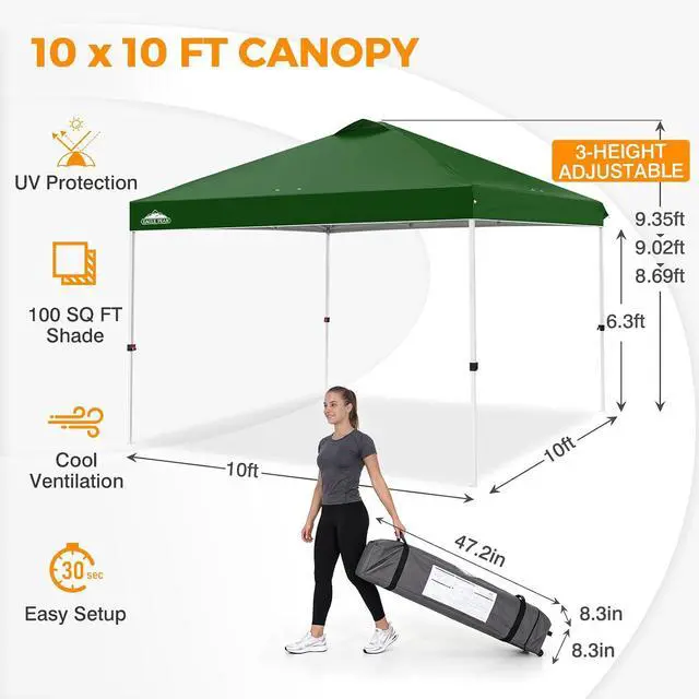 Alt view image 3 of 7 - Pop Up Canopy Tent with Wheeled Carry Bag, 8 Stakes, 4 Ropes, 4 Weight Bags, Easy Set Up Tent Canopy, 10x10 ft, 100sqft of Shade, Green