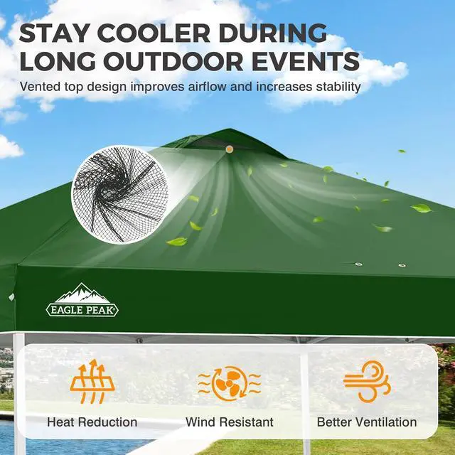 Alt view image 2 of 7 - Pop Up Canopy Tent with Wheeled Carry Bag, 8 Stakes, 4 Ropes, 4 Weight Bags, Easy Set Up Tent Canopy, 10x10 ft, 100sqft of Shade, Green