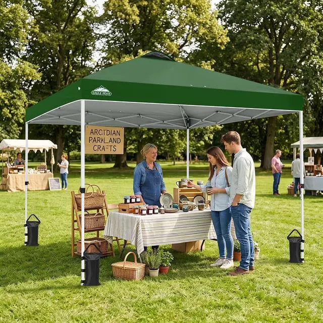 Alt view image 5 of 7 - Pop Up Canopy Tent with Wheeled Carry Bag, 8 Stakes, 4 Ropes, 4 Weight Bags, Easy Set Up Tent Canopy, 10x10 ft, 100sqft of Shade, Green