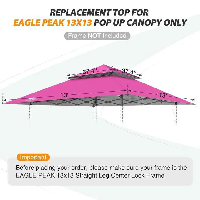 Alt view image 3 of 7 - Replacement Canopy Top for Eagle Peak 13x13 Straight Leg Pop Up Canopy Frame Only, Canopy Cover with Two Tier Air Vent, UPF 50+, Frame NOT Included, Light Pink