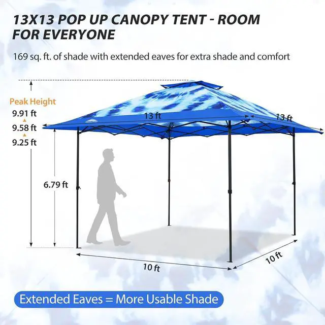 Alt view image 3 of 7 - 13x13 Straight Leg Pop Up Canopy Tent Instant Outdoor Canopy Easy Single Person Set up Folding Shelter w/Auto Extending Eaves 169 Square Feet of Shade (Tie Dye Blue)