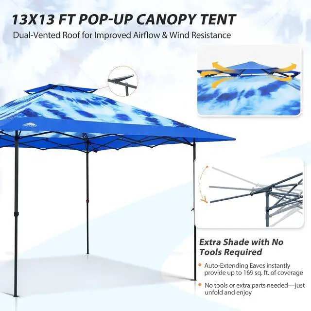 Alt view image 4 of 7 - 13x13 Straight Leg Pop Up Canopy Tent Instant Outdoor Canopy Easy Single Person Set up Folding Shelter w/Auto Extending Eaves 169 Square Feet of Shade (Tie Dye Blue)