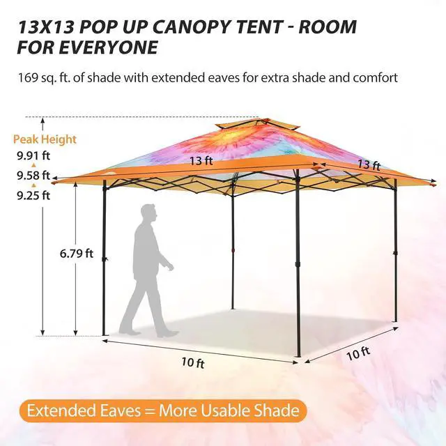 Alt view image 3 of 7 - 13x13 Straight Leg Pop Up Canopy Tent Instant Outdoor Canopy Easy Single Person Set up Folding Shelter w/Auto Extending Eaves 169 Square Feet of Shade (Floral Tie Dye)