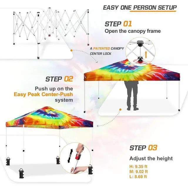 Alt view image 2 of 7 - Pop Up Canopy Tent with Wheeled Carry Bag, 8 Stakes, 4 Ropes, 4 Weight Bags, Easy Set Up Tent Canopy, 10x10 ft, 100sqft of Shade, Cosmic Tie Dye