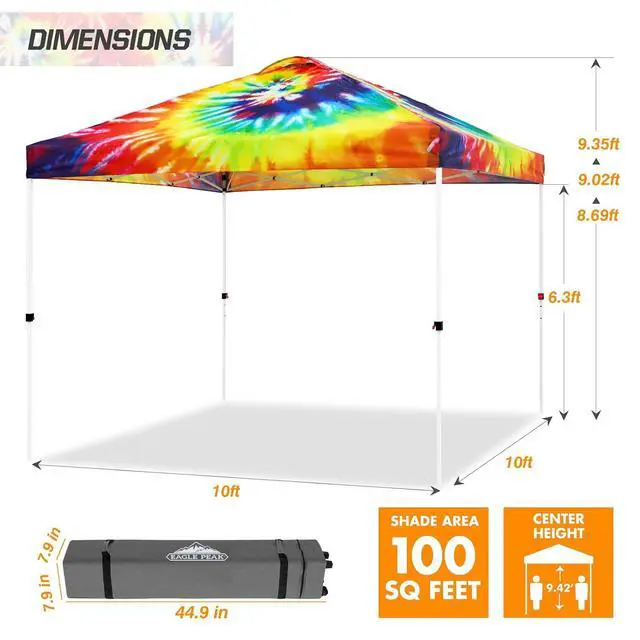 Alt view image 3 of 7 - Pop Up Canopy Tent with Wheeled Carry Bag, 8 Stakes, 4 Ropes, 4 Weight Bags, Easy Set Up Tent Canopy, 10x10 ft, 100sqft of Shade, Cosmic Tie Dye