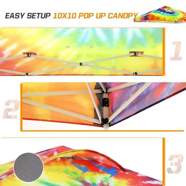 Alt view image 7 of 7 - Pop Up Canopy Tent with Wheeled Carry Bag, 8 Stakes, 4 Ropes, 4 Weight Bags, Easy Set Up Tent Canopy, 10x10 ft, 100sqft of Shade, Cosmic Tie Dye