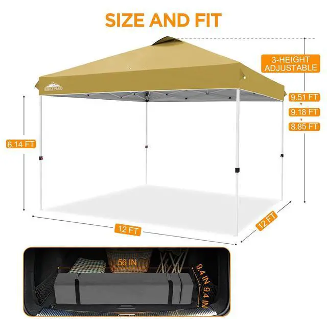 Alt view image 3 of 7 - Pop Up Canopy Tent with Wheeled Carry Bag, 8 Stakes, 4 Ropes, 4 Weight Bags, Easy Set Up Tent Canopy, 12x12 ft, 144sqft of Shade, Beige