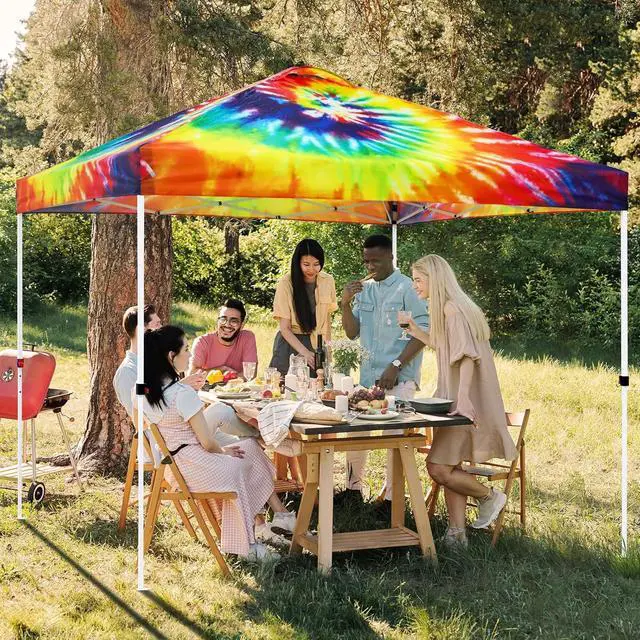 Alt view image 5 of 7 - Pop Up Canopy Tent with Wheeled Carry Bag, 8 Stakes, 4 Ropes, 4 Weight Bags, Easy Set Up Tent Canopy, 10x10 ft, 100sqft of Shade, Cosmic Tie Dye