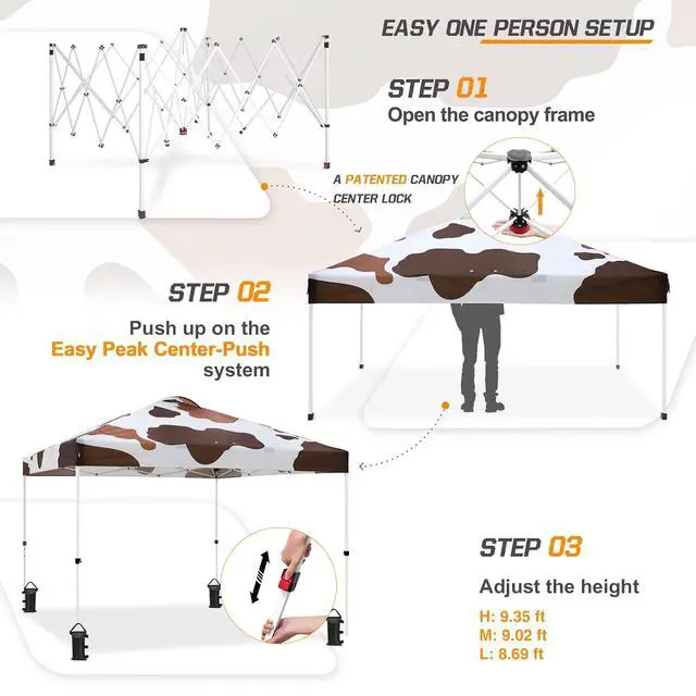Alt view image 2 of 7 - Pop Up Canopy Tent with Wheeled Carry Bag, 8 Stakes, 4 Ropes, 4 Weight Bags, Easy Set Up Tent Canopy, 10x10 ft, 100sqft of Shade, Brown Cow Print