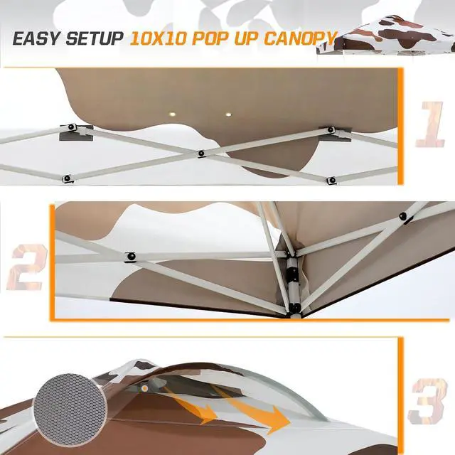 Alt view image 7 of 7 - Pop Up Canopy Tent with Wheeled Carry Bag, 8 Stakes, 4 Ropes, 4 Weight Bags, Easy Set Up Tent Canopy, 10x10 ft, 100sqft of Shade, Brown Cow Print