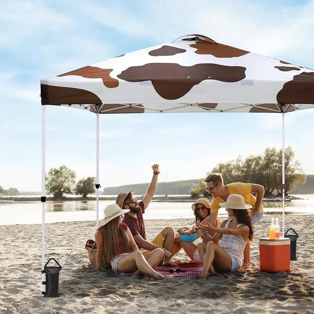 Alt view image 5 of 7 - Pop Up Canopy Tent with Wheeled Carry Bag, 8 Stakes, 4 Ropes, 4 Weight Bags, Easy Set Up Tent Canopy, 10x10 ft, 100sqft of Shade, Brown Cow Print