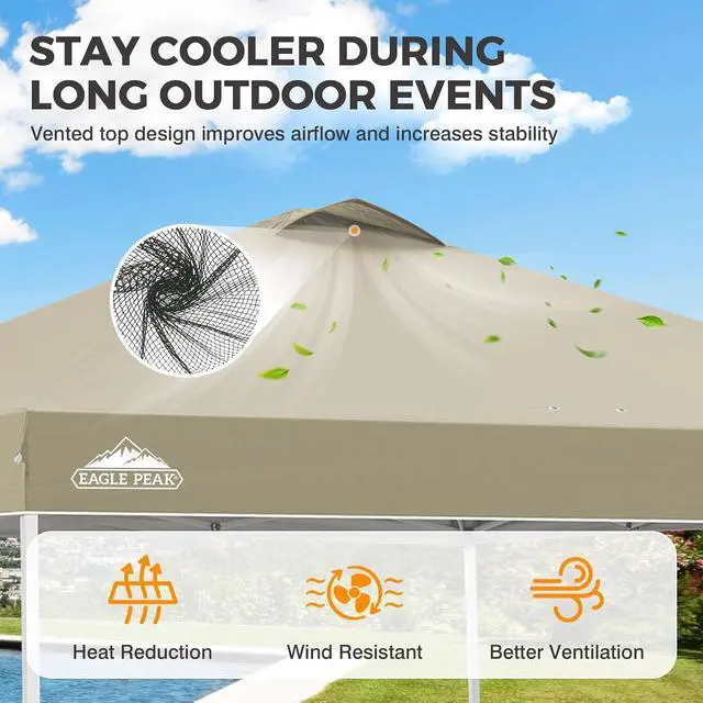 Alt view image 2 of 7 - Pop Up Canopy Tent with Wheeled Carry Bag, 8 Stakes, 4 Ropes, 4 Weight Bags, Easy Set Up Tent Canopy, 10x10 ft, 100sqft of Shade, Light Beige