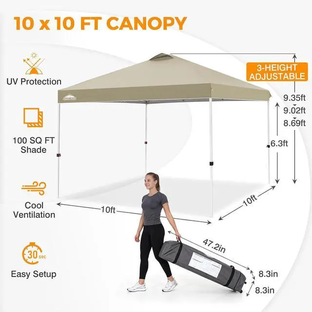 Alt view image 3 of 7 - Pop Up Canopy Tent with Wheeled Carry Bag, 8 Stakes, 4 Ropes, 4 Weight Bags, Easy Set Up Tent Canopy, 10x10 ft, 100sqft of Shade, Light Beige