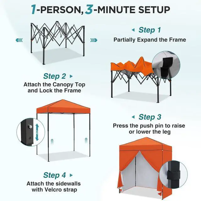 Alt view image 2 of 7 - 6x4 Instant Pop Up Canopy Tent with 4 Side Wall Panels, Straight Leg Sun Shelter, Portable Canopy with Carry Bag for Camping, Beach & Sports, Orange