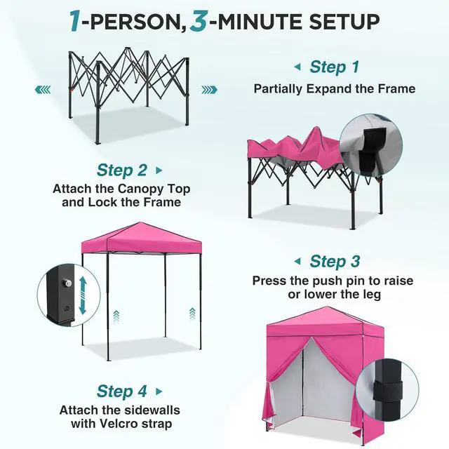 Alt view image 2 of 7 - 6x4 Instant Pop Up Canopy Tent with 4 Side Wall Panels, Straight Leg Sun Shelter, Portable Canopy with Carry Bag for Camping, Beach & Sports, Pink