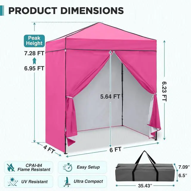 Alt view image 3 of 7 - 6x4 Instant Pop Up Canopy Tent with 4 Side Wall Panels, Straight Leg Sun Shelter, Portable Canopy with Carry Bag for Camping, Beach & Sports, Pink