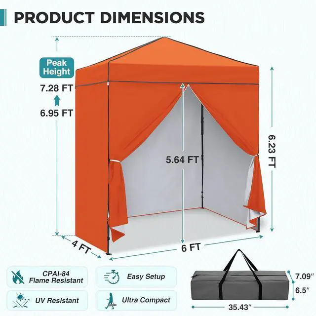 Alt view image 3 of 7 - 6x4 Instant Pop Up Canopy Tent with 4 Side Wall Panels, Straight Leg Sun Shelter, Portable Canopy with Carry Bag for Camping, Beach & Sports, Orange