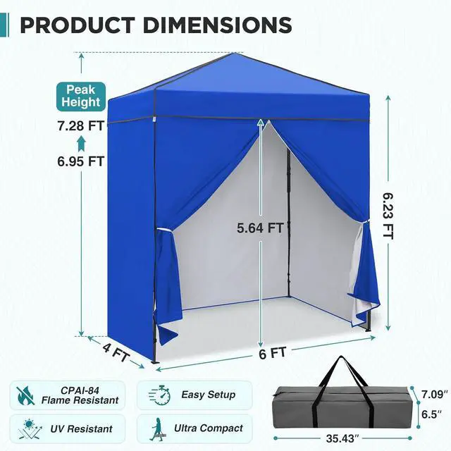 Alt view image 3 of 7 - 6x4 Instant Pop Up Canopy Tent with 4 Side Wall Panels, Straight Leg Sun Shelter, Portable Canopy with Carry Bag for Camping, Beach & Sports, Blue
