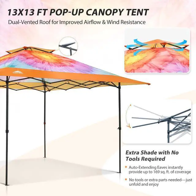 Alt view image 4 of 7 - 13x13 Straight Leg Pop Up Canopy Tent Instant Outdoor Canopy Easy Single Person Set up Folding Shelter w/Auto Extending Eaves 169 Square Feet of Shade (Floral Tie Dye)