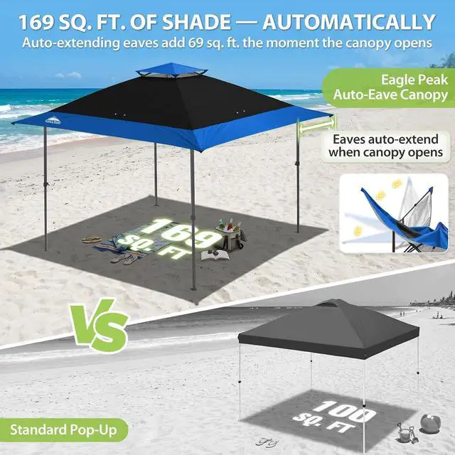 Alt view image 4 of 7 - 13x13 Straight Leg Pop Up Canopy Tent Instant Outdoor Canopy Easy Single Person Set up Folding Shelter w/Auto Extending Eaves 169 Square Feet of Shade (Black/Blue)