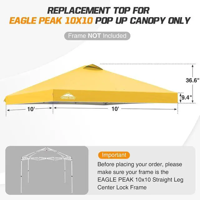 Alt view image 2 of 7 - Replacement Canopy Top for Eagle Peak 10x10 Straight Leg Pop Up Canopy Frame Only, Canopy Cover with Air Vent, UPF 50+, Frame NOT Included, Yellow